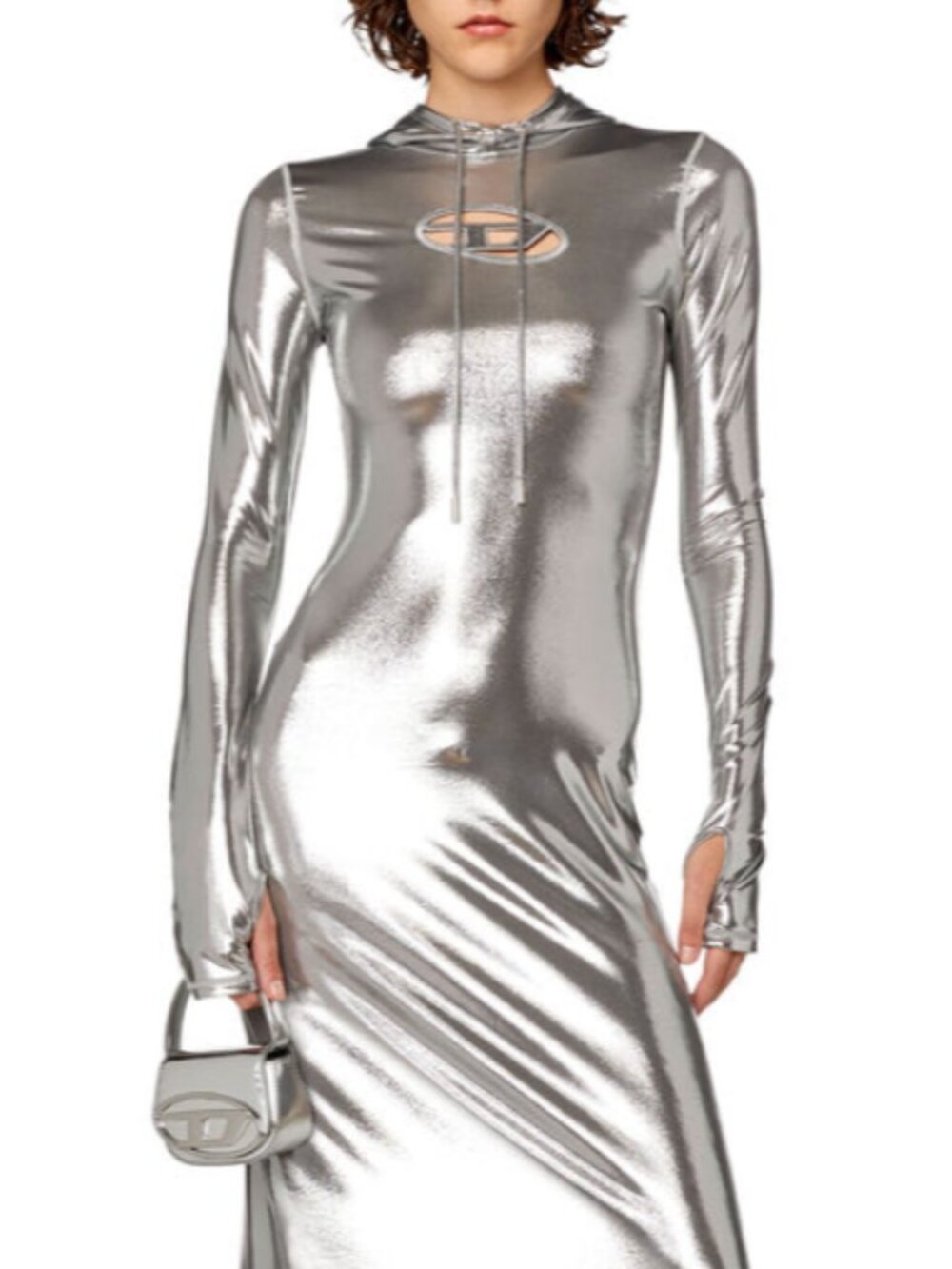 DIESEL D-Mathilde-L1 Metallic Foil Maxi Hoodie Dress Grey XS NWT